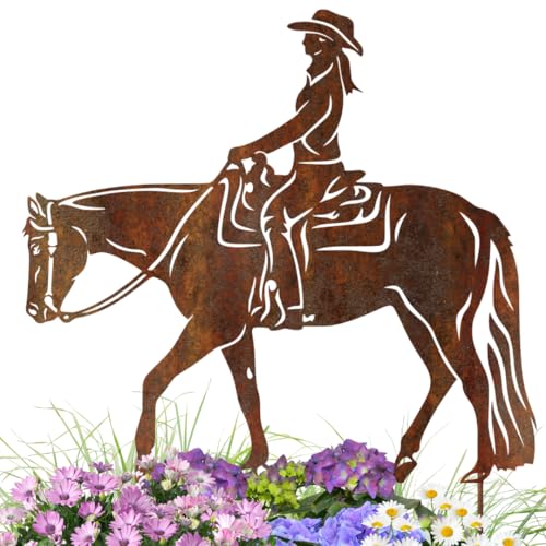 Westernreiter Gartenstecker aus Metall – Rostfigur Pferd mit Reiter 45 cm hoch – Wetterfeste Gartendeko Westernreiten – Edelrost Tierfigur für draußen von Terma