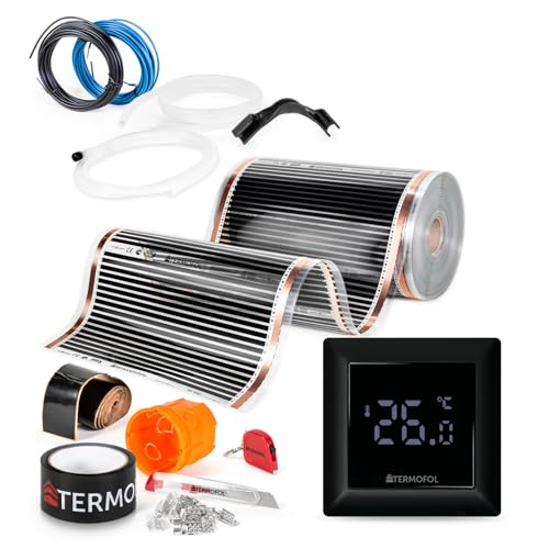 Termofol Elektrische Fußbodenheizung Heizfolie 230V - mit Thermostat H6 Schwarz - Leistung 220 W/m2 - Oberfläche 1m² - Fussbodenheizung Elektrisch Komplettset fur Fußboden-, Wand- oder Deckenheizung von Termofol