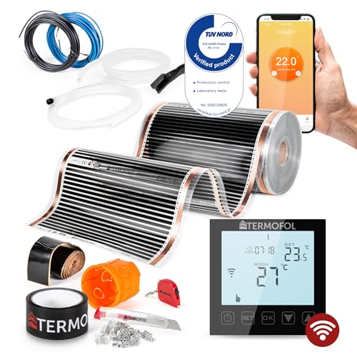 Termofol Elektrische Fußbodenheizung Heizfolie 230V - mit Thermostat WIFI Schwarz - Leistung 220 W/m2 - Oberfläche 4m² - Fussbodenheizung Elektrisch Komplettset fur Fußboden-, Wand- oder Deckenheizung von Termofol