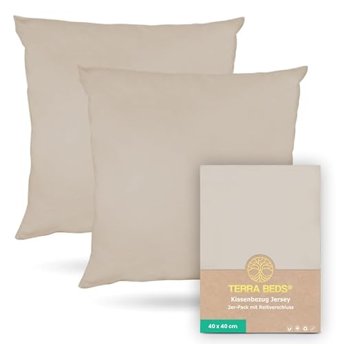 Terra Beds Kissenbezug 40x40 Baumwolle Jersey 160 GSM - Kopfkissenbezug 40x40 2er-Set mit Reißverschluss, dehnbarem gestricktem Stoff, atmungsaktiv - (Beige) von Terra Beds