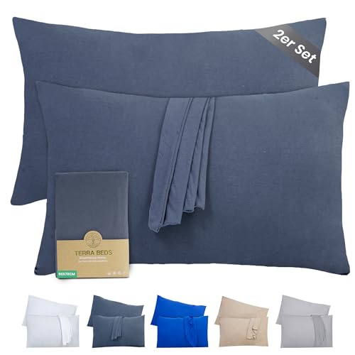 Terra Beds Kissenbezug 50x70 Baumwolle Jersey 160 g/m² - Kopfkissenbezug 50x70 2er-Set mit Reißverschluss, dehnbarem gestricktem Stoff, atmungsaktiv - (Anthrazit Grau) von Terra Beds