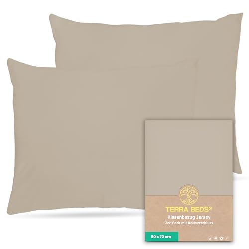 Terra Beds Kissenbezug 50x70 Baumwolle Jersey 160 g/m² - Kopfkissenbezug 50x70 2er-Set mit Reißverschluss, dehnbarem gestricktem Stoff, atmungsaktiv - (Beige) von Terra Beds