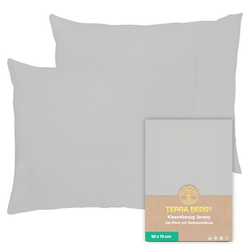 Terra Beds Kissenbezug 50x70 Baumwolle Jersey 160 GSM - Kopfkissenbezug 50x70 2er-Set mit Reißverschluss, dehnbarem gestricktem Stoff, atmungsaktiv - (Silber Grau) von Terra Beds