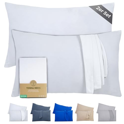 Terra Beds Kissenbezug 50x70 (Set mit 2) - 100% Baumwolle Jersey 160 g/m², Oeko-Tex Zertifiziert - Kopfkissenbezug für Kissen 50x70 mit Reißverschluss, dehnbarem weich und atmungsaktiv - (Weiß) von Terra Beds