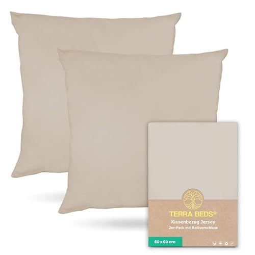 Terra Beds Kissenbezug 60x60 Baumwolle Jersey 160 GSM - Kopfkissenbezug 60x60 2er-Set mit Reißverschluss, dehnbarem gestricktem Stoff, atmungsaktiv - (Beige) von Terra Beds