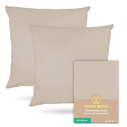 Terra Beds Kissenbezug 80x80 Baumwolle Jersey 160 g/m² - Kopfkissenbezug 80x80 2er-Set mit Reißverschluss, dehnbarem gestricktem Stoff, atmungsaktiv - (Beige) von Terra Beds