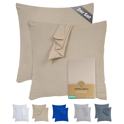 Terra Beds Kissenbezug 80x80 Baumwolle Jersey 160 g/m² - Kopfkissenbezug 80x80 2er-Set mit Reißverschluss, dehnbarem gestricktem Stoff, atmungsaktiv - (Beige) von Terra Beds