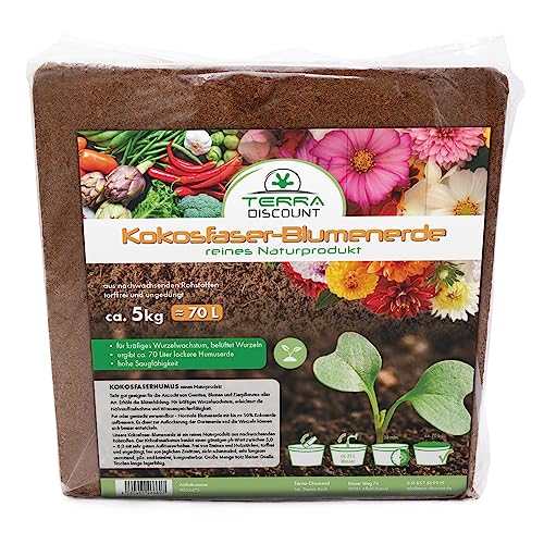 Terra Discount Kokosfaserhumus *Blumenerde*, Kokoserde als Hochbeeterde und für Pflanzen/Zimmerpflanzen, torffrei und ungedüngt (70 Liter) von Terra Discount