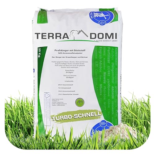 TerraDomi Turbo Rasendünger Frühjahr 25 kg, Ammonsulfatsalpeter N26 Stickstoffdünger für den Frühling I Turbo-Schnell grüner Rasen mit Langzeitwirkung | Für Rasen, Blumen, Obst & Gemüse von Terra Domi