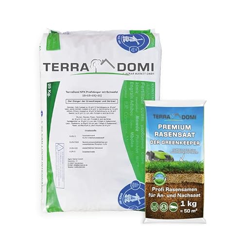 TerraDomi 25kg Rasendünger NPK 15-15-15+11 + 1kg Premium Rasensamen |Volldünger, leistungsstarker Universaldünger für Frühjahr & Herbst | Langzeitwirkung | Rasensaat zur An-& Nachsaat von Terra Domi