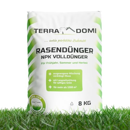 TerraDomi Rasendünger Frühjahr & Sommer 8 kg NPK 15-15-15 I Volldünger mit Langzeitwirkung I verdrängt Moos I für über 300 m² Rasen I streuwagengeeigneter Dünger | staubarm & mit extra Schwefel von Terra Domi