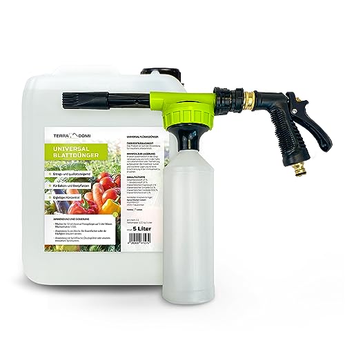 TerraDomi Blattdünger 5 Liter Universal + Sprühsystem | Konzentrat für Rasen, Gemüse und Beete | Spezialdünger mit wichtigen Mikronährstoffen | Für Pflanzen und Rasen im Außenbereich von Terra Domi