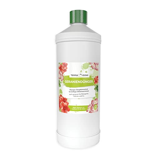 TerraDomi Geraniendünger flüssig | Pflanzendünger für Pelargonie, Geranie, Petunie und Co. |kräftiges Blütenwachstum | 1 Liter von Terra Domi