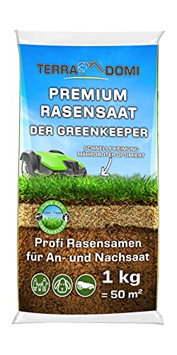 TerraDomi Premium Rasensamen für An-& Nachsaat I Schnellkeimend, robust und für einen dichten grünen Rasen I Mähroboter optimiert I 1kg für 50m² von Terra Domi