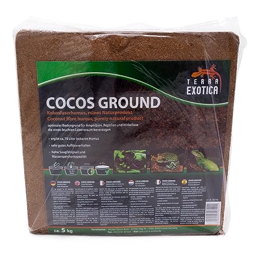Cocos Ground - Kokoshumus für Terrarien - ca. 70 Liter lockerer Humus - Einstreu für Amphibien, Reptilien und Wirbellose - Humusziegel Bodengrund - gepresste Blumenerde aus Kokosfaserhumus (5Kg) von Terra Exotica