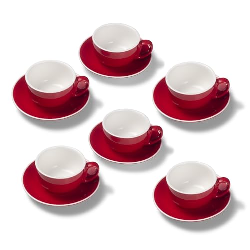 Terra Home 6er Milchkaffee-Tassen Set - Rot, 350 ml, Glossy, Porzellan, Dickwandig, Spülmaschinenfest, italienisches Design - Kaffee-Tassen Set mit Untertassen von Terra Home