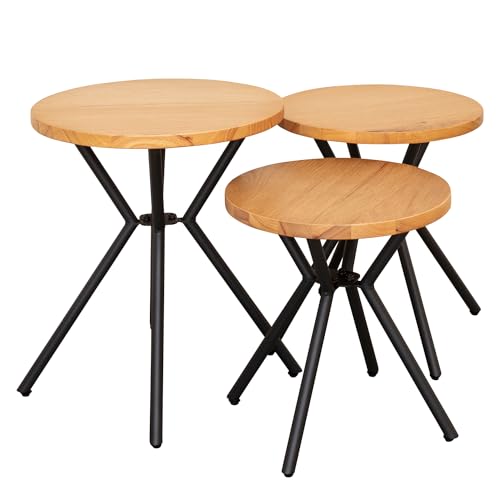 Terra Home 3er Set Beistelltische Brekke - Braun-Schwarz, Rund, Eichen Holz, 40x40x45 cm, 37x35x37 cm, 34x35x34 cm, Skandi, Modern, Industrial von Terra Home