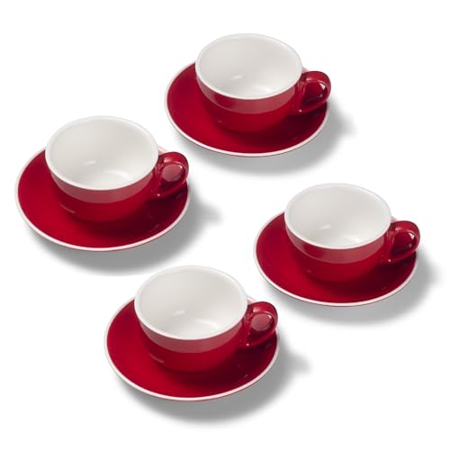 Terra Home 4er Milchkaffee-Tassen Set - Rot, 350 ml, Glossy, Porzellan, Dickwandig, Spülmaschinenfest, italienisches Design - Kaffee-Tassen Set mit Untertassen von Terra Home