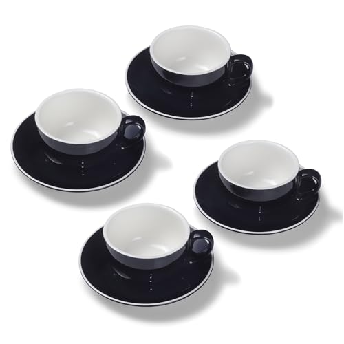 Terra Home 4er Milchkaffee-Tassen Set - Schwarz, 350 ml, Glossy, Porzellan, Dickwandig, Spülmaschinenfest, italienisches Design - Kaffee-Tassen Set mit Untertassen von Terra Home