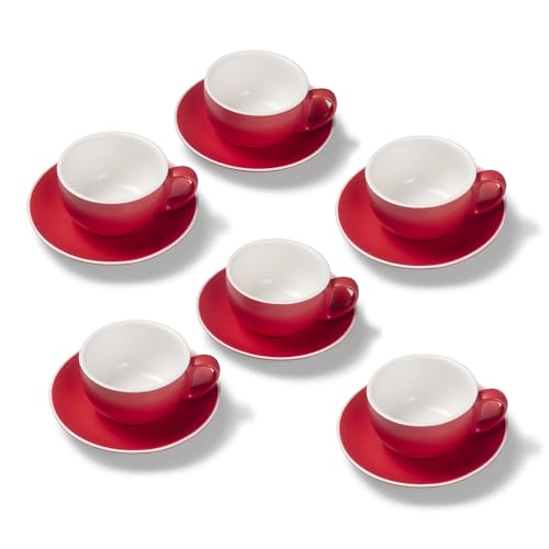 Terra Home 6er Milchkaffee-Tassen Set - Rot, 350 ml, Matt, Porzellan, Dickwandig, Spülmaschinenfest, italienisches Design - Kaffee-Tassen Set mit Untertassen von Terra Home