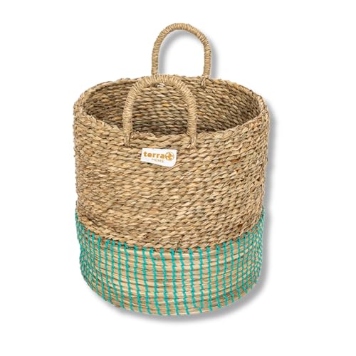 Terra Home Aufbewahrungskorb - türkis, Wasserhyazinthe, rund, Ø 30 cm, H 29 cm, geflochten, dekorativ, mit Henkel - Korb für Aufbewahrung, Spielzeug, Kinderzimmer, Wohnzimmer, Badezimmer von Terra Home