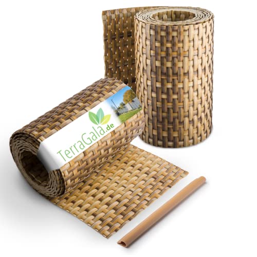 TerraGala 2er Pack Rattan Sichtschutz-Streifen, Sichtschutz für Stabmattenzaun, Flechtoptik, 255cm x 19cm, inklusive Befestigungsclips (2, Strohfarben) von TerraGala