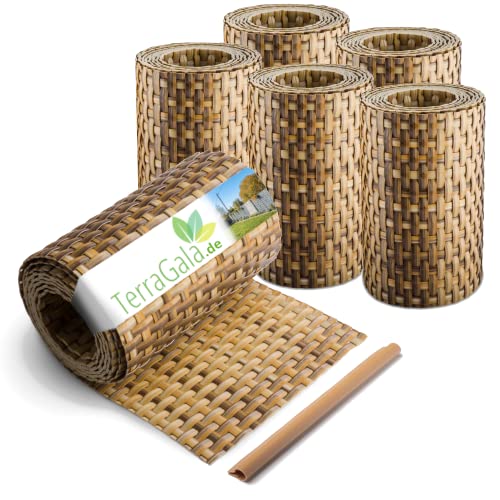 TerraGala 6er Pack Rattan Sichtschutz-Streifen, Sichtschutz für Stabmattenzaun, Flechtoptik, 255cm x 19cm, inklusive Befestigungsclips (6, Strohfarben) von TerraGala