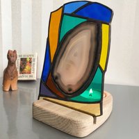 Befleckter Slass Achat Kerzenhalter - Suncatcher Display Holzständer Teelichthalter Bunter Bildschirm Wohnkultur, Weihnachtsbeleuchtung Geschenk von TerraMagicaNova