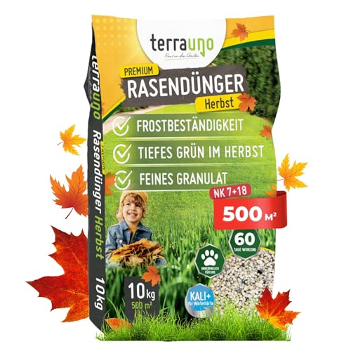 TerraUno Premium Herbstdünger Rasen, gesunder Rasen verdrängt Moos & Unkraut, Rasendünger Herbst mit 60 Tage Langzeitwirkung, 10 kg für 500 m², Herbstrasendünger, Sofortwirkung, extra starkes Grün TerraUno Premium Herbstdünger Rasen, gesunder Rasen verdrängt Moos & Unkraut, Rasendünger Herbst mit 60 Tage Langzeitwirkung, 10 kg für 500 m², Herbstrasendünger, Sofortwirkung, extra starkes Grün von TerraUno