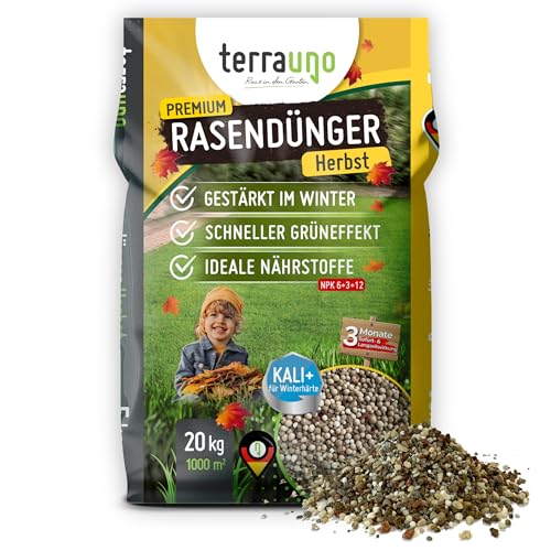 TerraUno – Herbstrasendünger mit Sofort- & Langzeitwirkung - 20 kg für 1000 m² – verdrängt Moos - Organischer Rasendünger mit Kalium für Frost- und Winterschutz – 100% veganer Herbstdünger von TerraUno