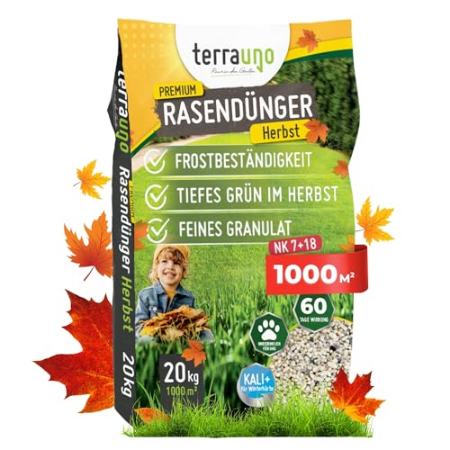 TerraUno Premium Herbstdünger Rasen, gesunder Rasen verdrängt Moos & Unkraut, Rasendünger Herbst mit 60 Tage Langzeitwirkung, 20 kg für 1000 m², Herbstrasendünger, Sofortwirkung, extra starkes Grün von TerraUno
