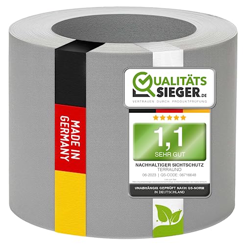 TerraUno Nachhaltige Sichtschutzstreifen für Doppelstabmatten, Polypropylen, Made in Germany, RAL 7040 Grau, 26m x19cm Rolle, extra stabil, Lederoptik, Zaun Sichtschutz mit UV-Beständigkeit von TerraUno