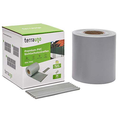 TerraUno - Premium Sichtschutzstreifen für Doppelstabmattenzaun - Gartenzaun I 50mx19cm inkl. 30 Clips I Grau I PVC Sichtschutz für den Zaun von TerraUno