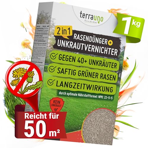 TerraUno Rasendünger mit Unkrautvernichter extra stark, 100 Tage Langzeitwirkung, 1 kg für 50 m², gegen Löwenzahn, Klee uvm., Rasenunkrautvernichter mit Dünger für saftiges Grün im Frühjahr & Sommer von TerraUno