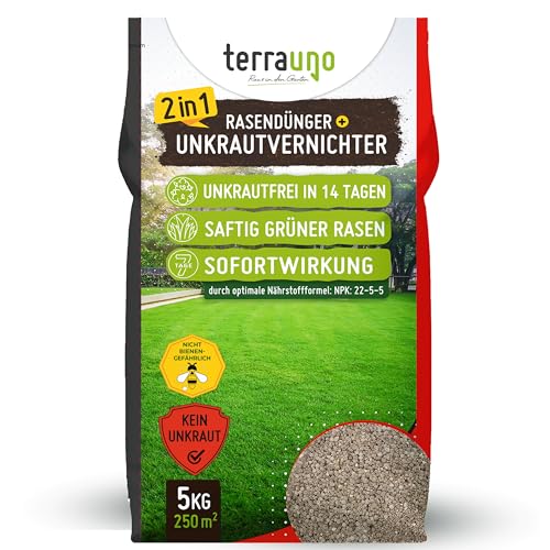 TerraUno Rasendünger mit Unkrautvernichter extra stark, 100 Tage Langzeitwirkung, 5 kg für 250 m², gegen Löwenzahn, Klee uvm., Rasenunkrautvernichter mit Dünger für saftiges Grün im Frühjahr & Sommer von TerraUno
