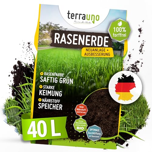 Terrauno Rasenerde mit Sand, 40 Liter, zur Rasenneuanlage/Ausbesserung von Rasenflächen, Unkrautfrei, mit Quarzsand für Luftzufuhr, Erde für Rasen, Gartenerde von TerraUno