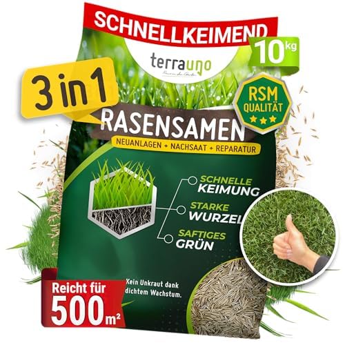 Terrauno - Rasensamen schnellkeimend I Grassamen für Neuanlagen I Extrem hohe Keimrate I Für 340 m² I Rasensamen trockenresistent für einen dichten und saftig grünen Rasen I Rasensaat RSM Qualität von TerraUno