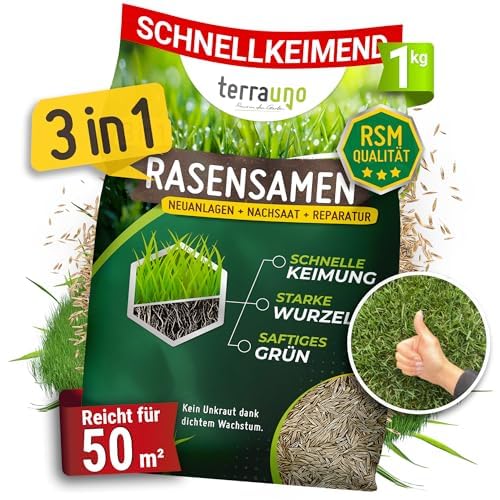 Terrauno - Nachsaat Rasen I Rasensamen schnellkeimend I Extrem hohe Keimrate I Für 50 m² I Rasensamen trockenresistent zur schnellen Lückenschließung I Rasennachsaat RSM Qualität von TerraUno