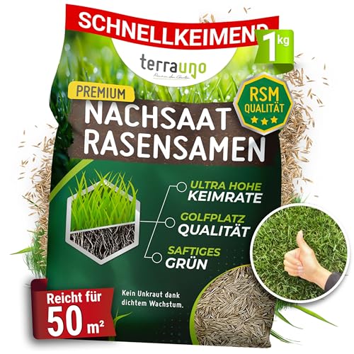 Terrauno - Rasensamen schnellkeimend I Nachsaat Rasen I Extrem hohe Keimrate I 1 kg für 50 m² I Rasensamen trockenresistent zur schnellen Lückenschließung I Rasennachsaat RSM Qualität von TerraUno