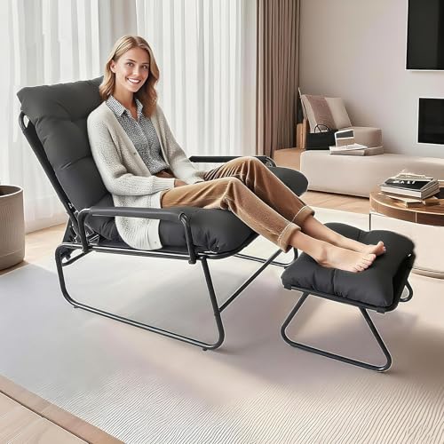 Balkonsessel, Sitzsessel mit Verstellbarer Rückenlehne, loungesessel garten mit Hocker, Relaxliege Wohnzimmer, outdoor lounge sessel, Relax Sesel für Wohnzimmer, Schlafzimmer, Büro (Dunkelgrau) von TerraVibe