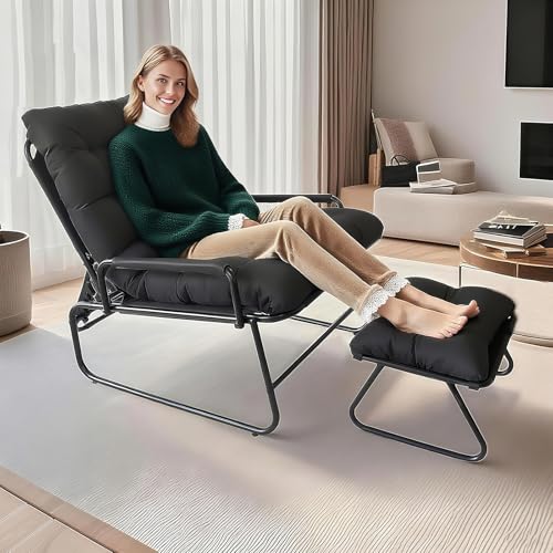Balkonsessel, Sitzsessel mit Verstellbarer Rückenlehne, loungesessel garten mit Hocker, Relaxliege Wohnzimmer, outdoor lounge sessel, Relax Sesel für Wohnzimmer, Schlafzimmer, Büro (Schwarz) von TerraVibe