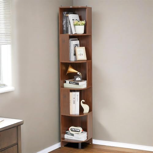TerraVibe Regal Schlafzimmer 5-Ebenen Book Shelf – Regal schmal hoch als Eckunterschrank, Aufbewahrungsregal und Bücherturm freistehend, Eckregal Balkon und Lagerregal für Wohnzimmer Büro (braun) von TerraVibe