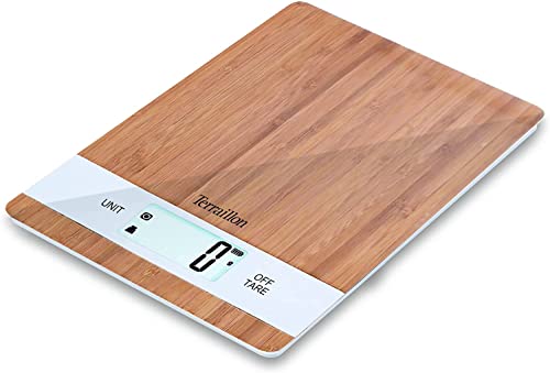 TERRAILLON Bamboo Küchenwaage, USB, wiederaufladbar über USB, automatische Abschaltung – Tara-Funktion und flüssige Umwandlung – Reichweite 5 kg – Bamboo, Bambus von Terraillon