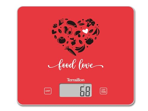TERRAILLON - T1040 FOOD LOVE Elektronische Küchenwaage, Glasplatte, Kapazität 3 kg, Skalierung 1 g, Tara, Umwandlung von Flüssigkeiten, ultradünn und kompakt – LCD-Display – Rot von Terraillon