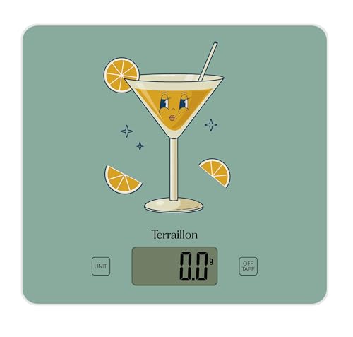 TERRAILLON - T1040 Retro Cocktail, elektronische Küchenwaage, Glasplatte, Kapazität 3 kg, Skalierung 1 g, Tara, flüssige Umwandlungen, ultradünn und kompakt – LCD-Display – Retro Cocktail von Terraillon
