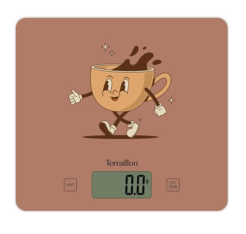 TERRAILLON - T1040 Retro Coffee – Elektronische Küchenwaage, Glasplatte, Kapazität 3 kg, Skalierung 1 g, Tara, Umwandlung von Flüssigkeiten, ultradünn und kompakt – LCD-Display – Retro Coffee von Terraillon