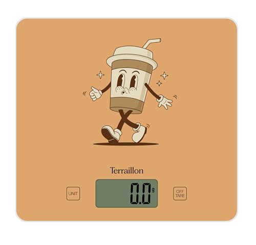 TERRAILLON - T1040 Retro SMOOTHIE - Elektronische Küchenwaage, Glasplatte, Kapazität 3 kg, Skalierung 1 g, Tara, Flüssigkonvertierungen, ultradünn und kompakt – LCD-Display – Retro Smoothie von Terraillon