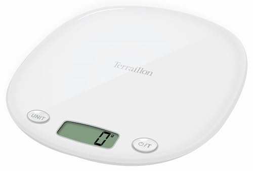TERRAILLON elektronische Küchenwaage – Tara, Flüssigkeitsumrechnung, integrierter Griff, Wiegebereich 5 kg, Genauigkeit 1g – Modell 'Macaron Inox' Meringe, Weiß von Terraillon