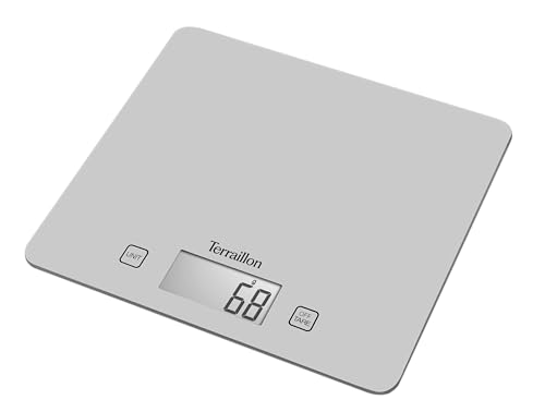 Terraillon – T1040 SILBER – Küchenwaage digitale - Große Glasplatte – Tara - Flüssigumwandlung – Abschaltautomatik - Wägebereich max. 5 kg - Silber von Terraillon