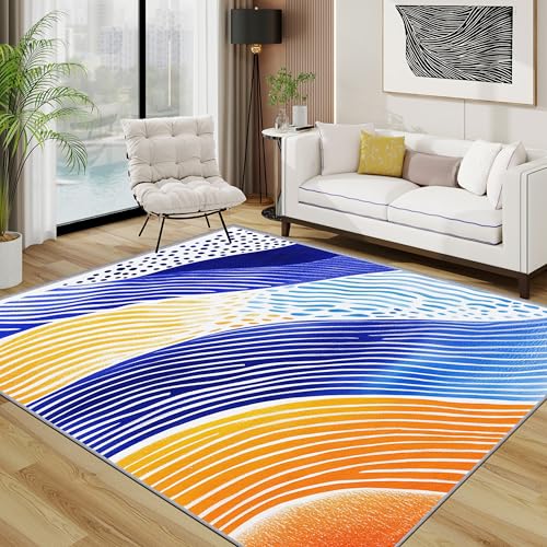 Abstrakt Waschbarer Teppich, bunt geometrisch Teppich 100x200 cm, Modern Kunst Kurzflor rutschfest Teppiche Für Schlafzimmer Wohnzimmer, Blau Orange von TerroVee
